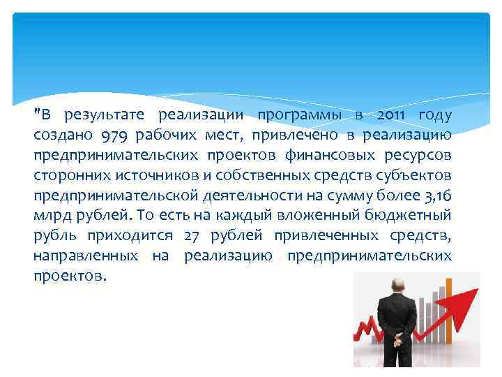 "В результате реализации программы в 2011 году создано 979 рабочих мест, привлечено в реализацию