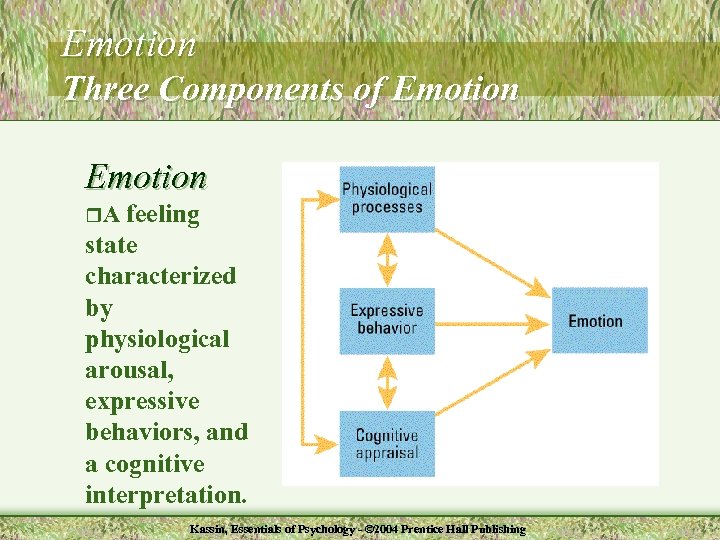 Emotion Three Components of Emotion feeling state characterized by physiological arousal, expressive behaviors, and