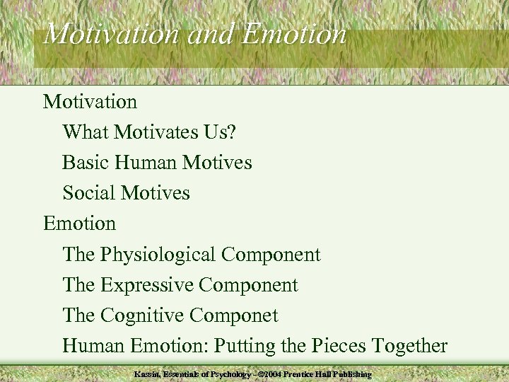 Motivation and Emotion Motivation What Motivates Us? Basic Human Motives Social Motives Emotion The