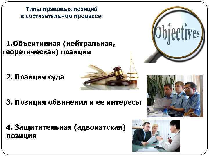 Типы правовых позиций в состязательном процессе: 1. Объективная (нейтральная, теоретическая) позиция 2. Позиция суда