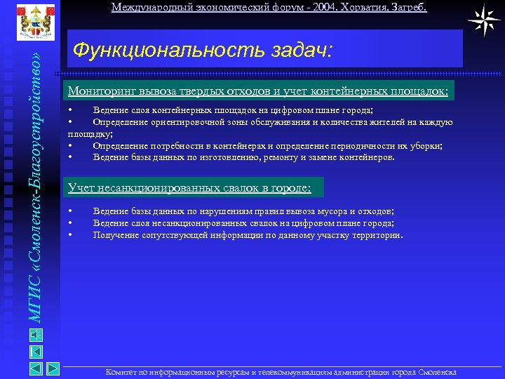 МГИС «Смоленск-Благоустройство» Международный экономический форум - 2004. Хорватия, Загреб. Функциональность задач: Мониторинг вывоза твердых