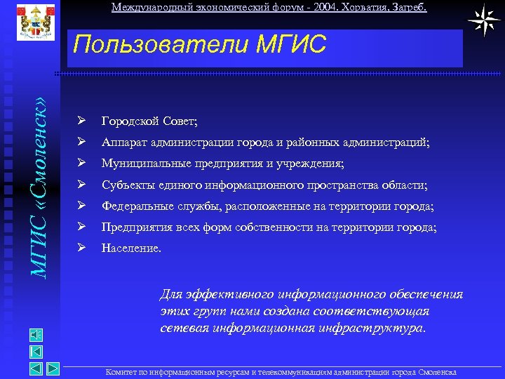 Международный экономический форум - 2004. Хорватия, Загреб. МГИС «Смоленск» Пользователи МГИС Ø Городской Совет;