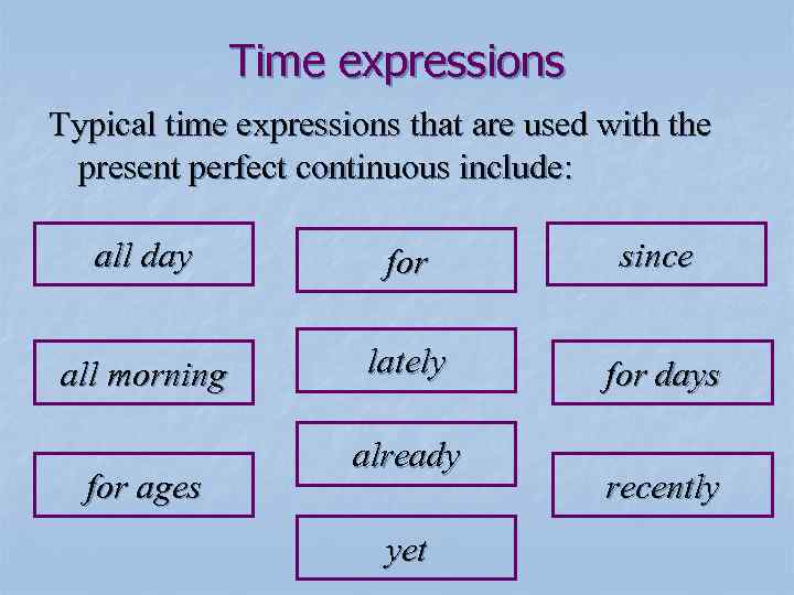 Time expressions Typical time expressions that are used with the present perfect continuous include: