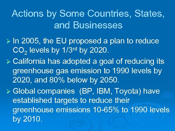 Actions by Some Countries, States, and Businesses Ø In 2005, the EU proposed a