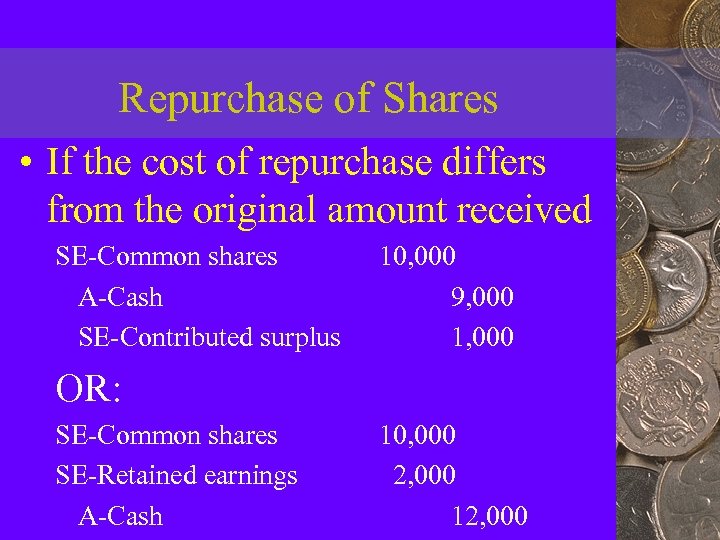 Repurchase of Shares • If the cost of repurchase differs from the original amount