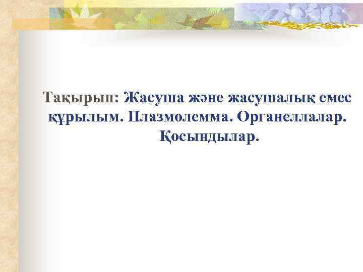 Тақырып: Жасуша және жасушалық емес құрылым. Плазмолемма. Органеллалар. Қосындылар. 