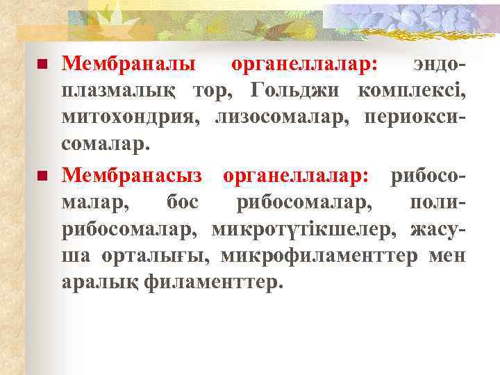 n n Мембраналы органеллалар: эндо- плазмалық тор, Гольджи комплексі, митохондрия, лизосомалар, периокси- сомалар. Мембранасыз