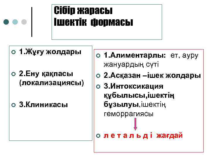 Сібір жарасы Ішектік формасы ¢ 1. Жұғу жолдары ¢ 2. Ену қақпасы (локализациясы) ¢