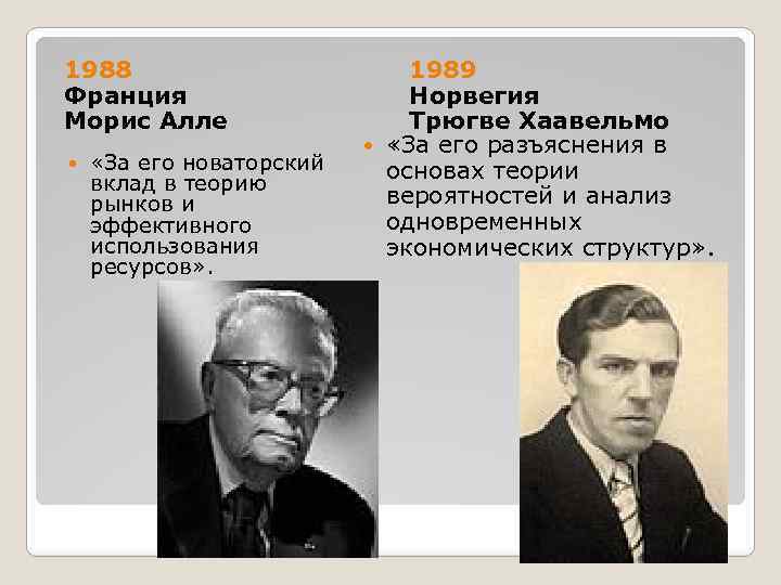 1988 Франция Морис Алле «За его новаторский вклад в теорию рынков и эффективного использования
