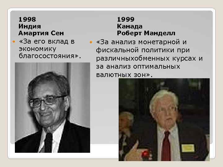 1998 Индия Амартия Сен «За его вклад в экономику благосостояния» . 1999 Канада Роберт
