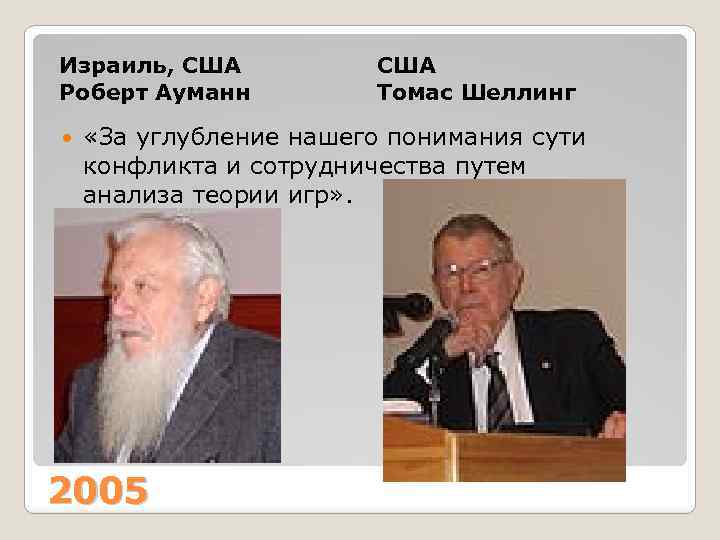 Израиль, США Роберт Ауманн США Томас Шеллинг «За углубление нашего понимания сути конфликта и