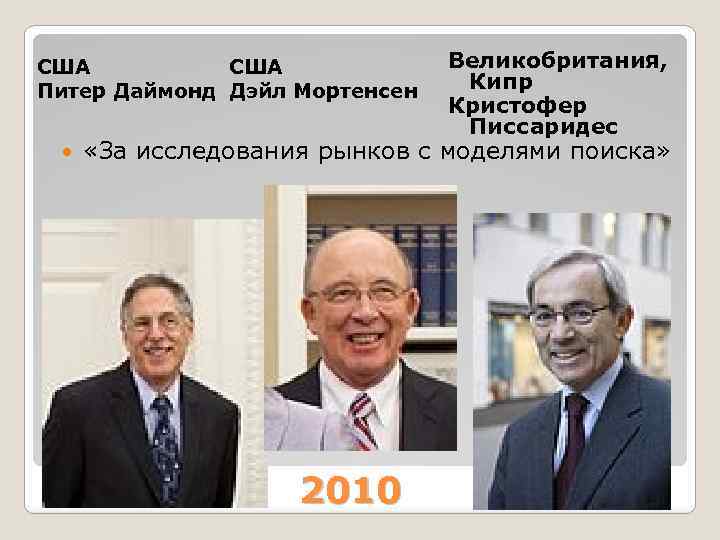 США Питер Даймонд Дэйл Мортенсен Великобритания, Кипр Кристофер Писсаридес «За исследования рынков с моделями