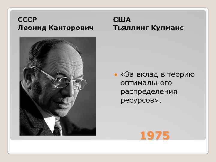 СССР Леонид Канторович США Тьяллинг Купманс «За вклад в теорию оптимального распределения ресурсов» .