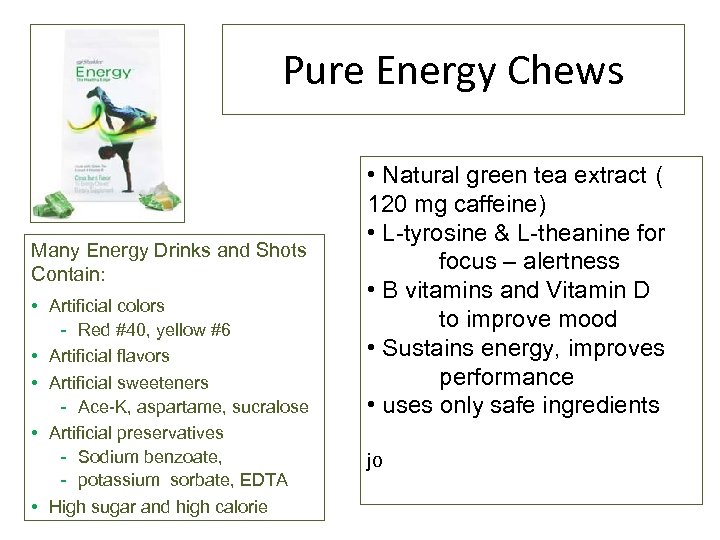 Pure Energy Chews Many Energy Drinks and Shots Contain: • Artificial colors - Red