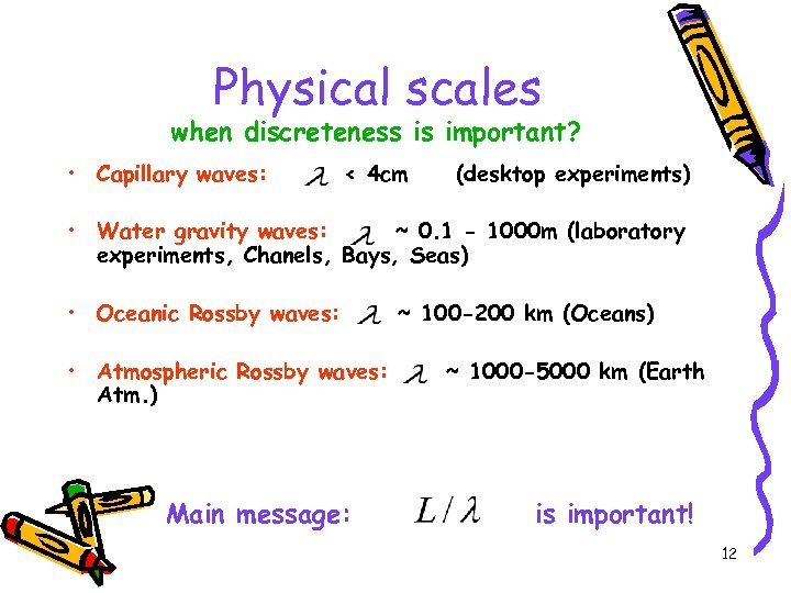 Physical scales when discreteness is important? • Capillary waves: < 4 cm (desktop experiments)