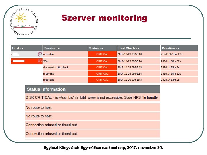 Szerver monitoring Egyházi Könyvtárak Egyesülése szakmai nap, 2017. november 30. 
