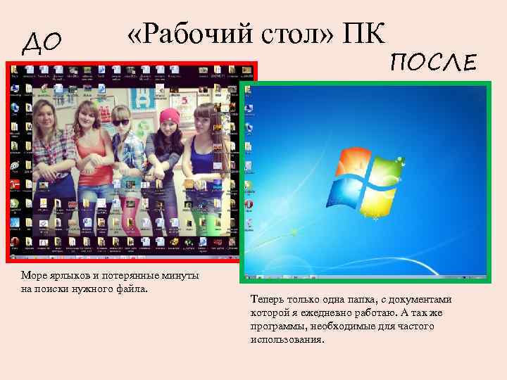 ДО «Рабочий стол» ПК Море ярлыков и потерянные минуты на поиски нужного файла. ПОСЛЕ