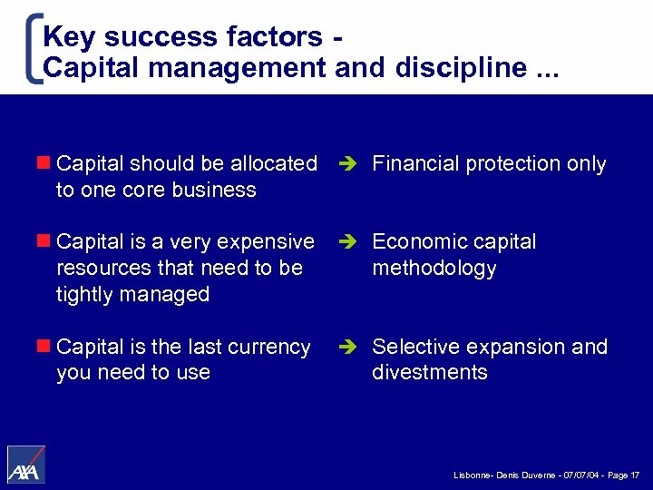 Key success factors Capital management and discipline. . . n Capital should be allocated