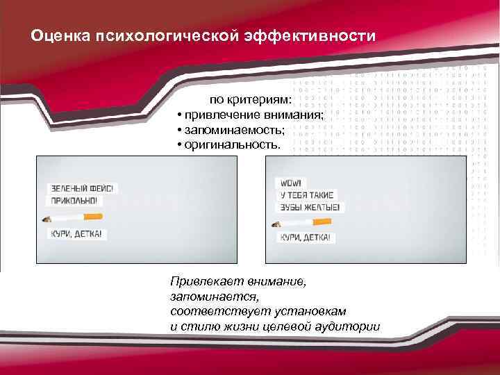 Оценка психологической эффективности по критериям: • привлечение внимания; • запоминаемость; • оригинальность. Привлекает внимание,