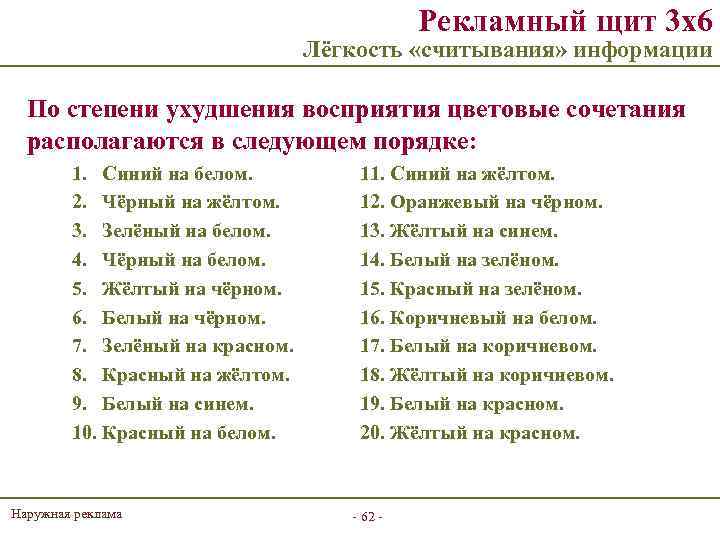 Рекламный щит 3 х6 Лёгкость «считывания» информации По степени ухудшения восприятия цветовые сочетания располагаются