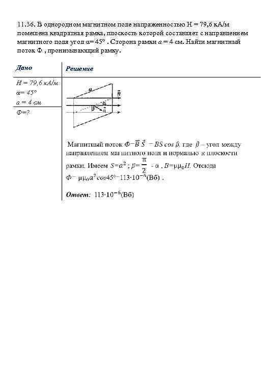 11. 36. В однородном магнитном поле напряженностью H = 79, 6 к. А/м помешена