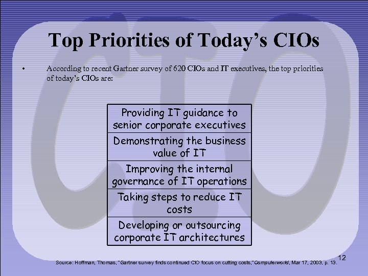 Top Priorities of Today’s CIOs • According to recent Gartner survey of 620 CIOs