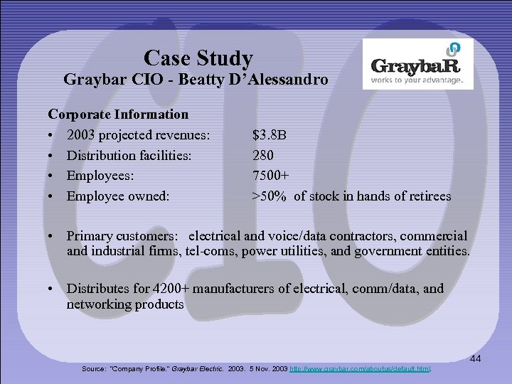 Case Study Graybar CIO - Beatty D’Alessandro Corporate Information • 2003 projected revenues: •