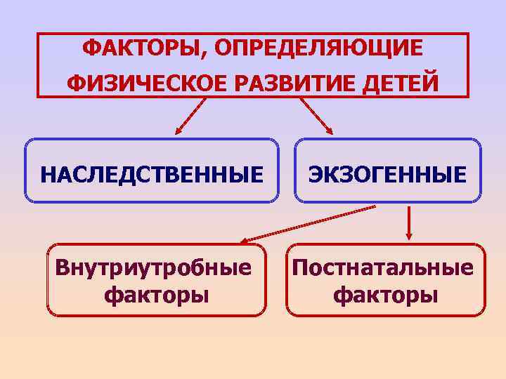 ФАКТОРЫ, ОПРЕДЕЛЯЮЩИЕ ФИЗИЧЕСКОЕ РАЗВИТИЕ ДЕТЕЙ НАСЛЕДСТВЕННЫЕ ЭКЗОГЕННЫЕ Внутриутробные факторы Постнатальные факторы 