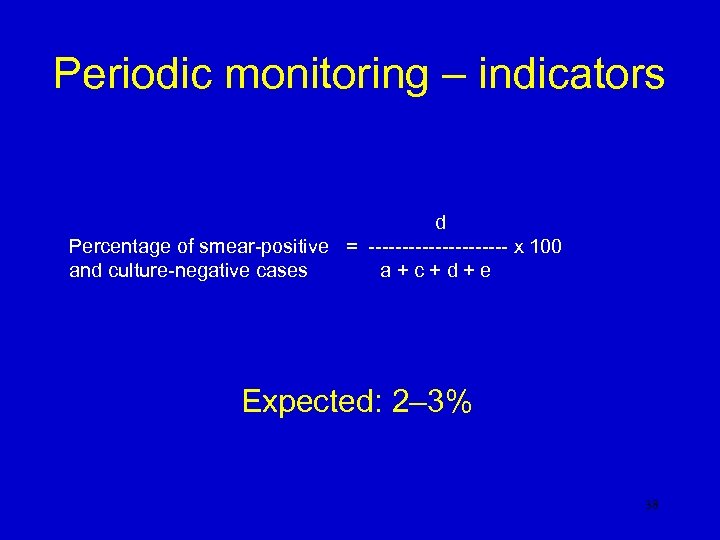 Periodic monitoring – indicators d Percentage of smear-positive = ----------- x 100 and culture-negative