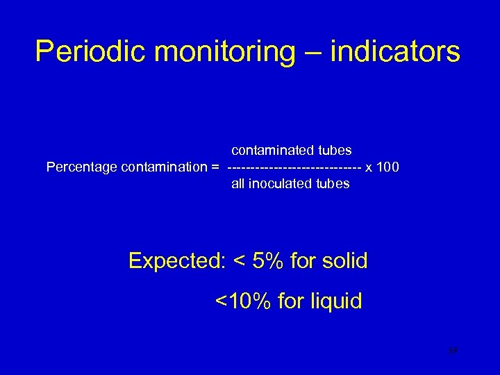 Periodic monitoring – indicators contaminated tubes Percentage contamination = --------------- x 100 all inoculated