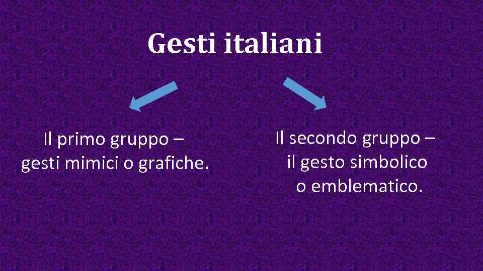 Gesti italiani Il primo gruppo – gesti mimici o grafiche. Il secondo gruppo –