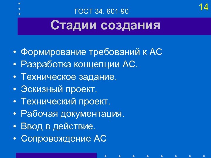 ГОСТ 34. 601 -90 Стадии создания • • Формирование требований к АС Разработка концепции