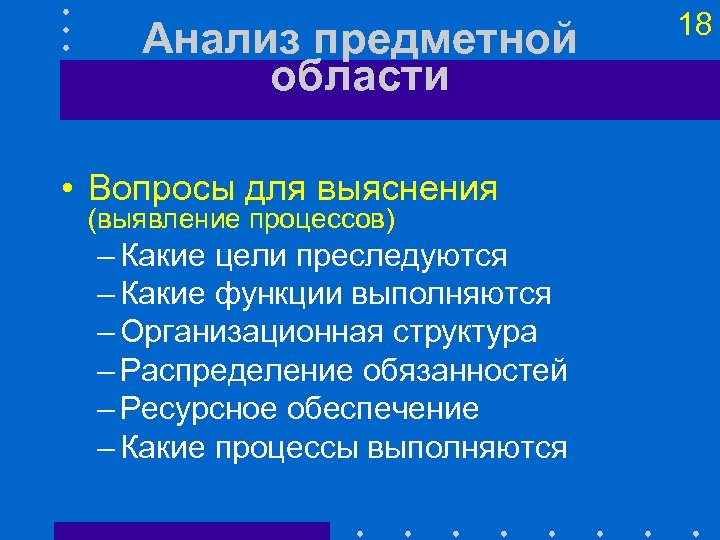 Анализ предметной области • Вопросы для выяснения (выявление процессов) – Какие цели преследуются –