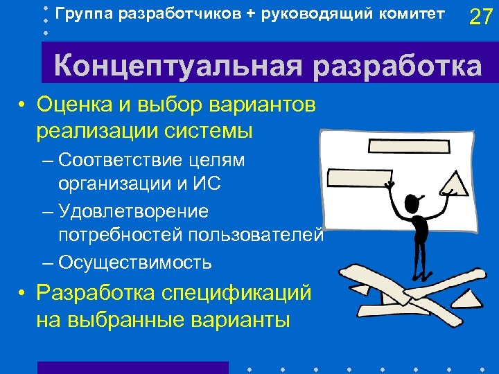 Группа разработчиков + руководящий комитет 27 Концептуальная разработка • Оценка и выбор вариантов реализации