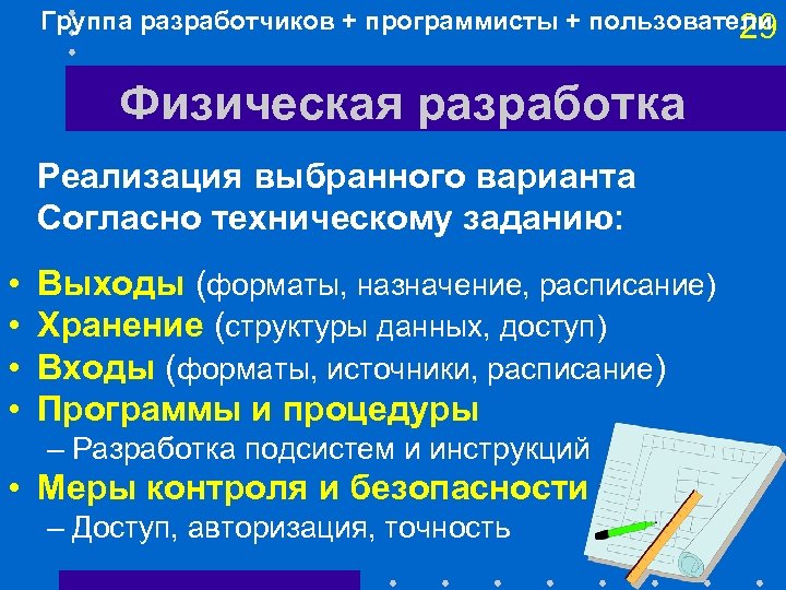 Группа разработчиков + программисты + пользователи 29 Физическая разработка Реализация выбранного варианта Согласно техническому