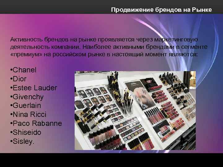 Продвижение брендов на Рынке Активность брендов на рынке проявляется через маркетинговую деятельность компании. Наиболее