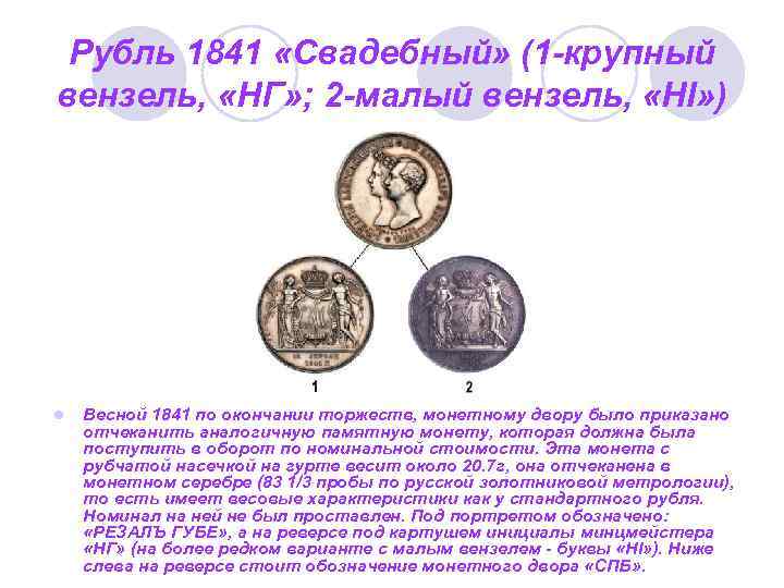 Рубль 1841 «Свадебный» (1 -крупный вензель, «НГ» ; 2 -малый вензель, «НI» ) l