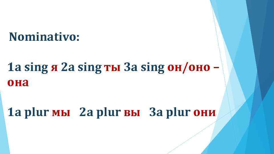 Nominativo: 1 a sing я 2 a sing ты 3 a sing он/оно –