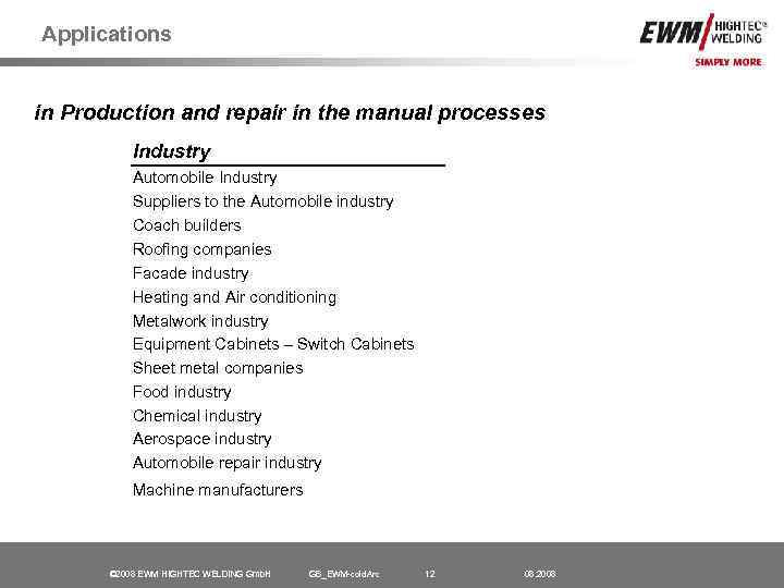 Applications in Production and repair in the manual processes Industry Automobile Industry Suppliers to