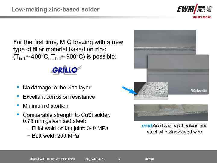 Low-melting zinc-based solder For the first time, MIG brazing with a new type of