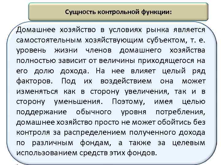 Сущность контрольной функции: Домашнее хозяйство в условиях рынка является самостоятельным хозяйствующим субъектом, т. е.