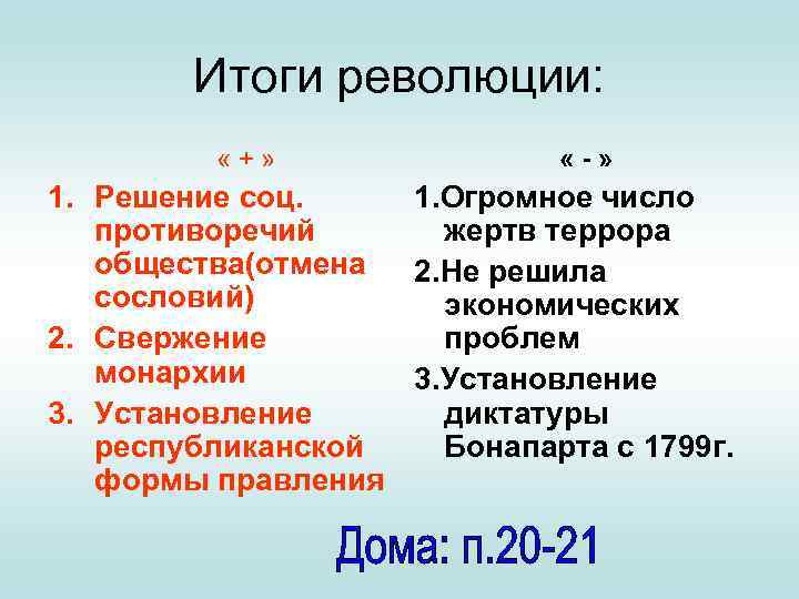 Итоги революции: «+» «-» 1. Решение соц. 1. Огромное число противоречий жертв террора общества(отмена