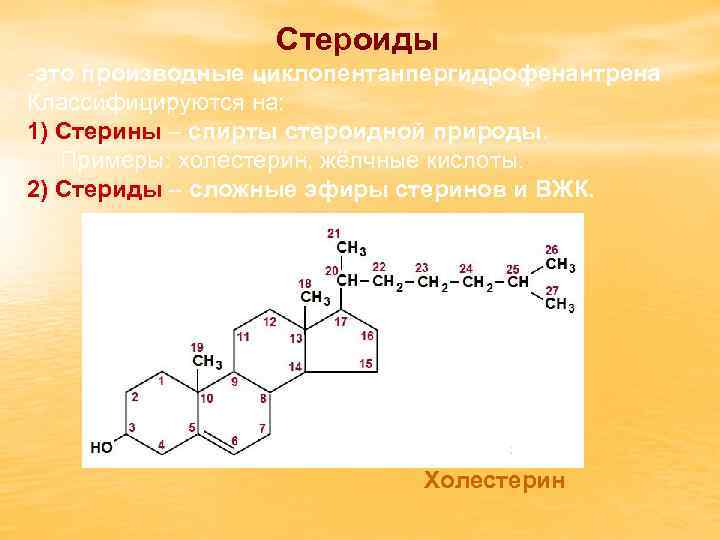 Стероиды -это производные циклопентанпергидрофенантрена Классифицируются на: 1) Стерины – спирты стероидной природы. Примеры: холестерин,