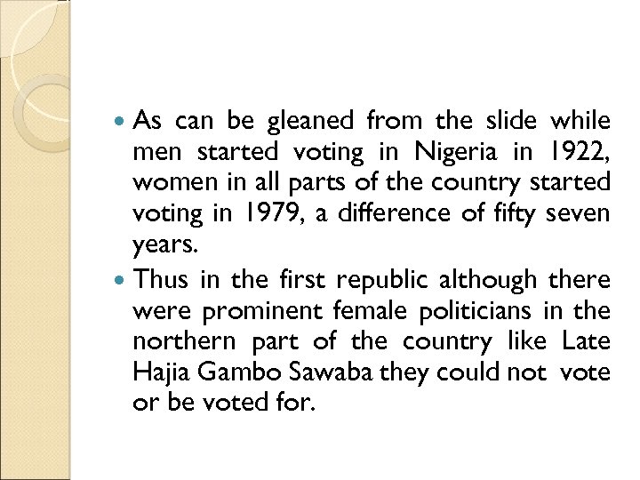 As can be gleaned from the slide while men started voting in Nigeria in