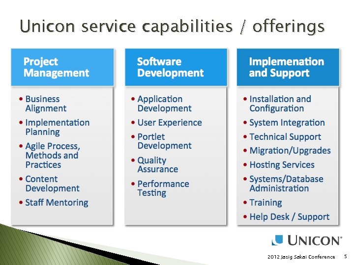 Unicon service capabilities / offerings 2012 Jasig Sakai Conference 5 