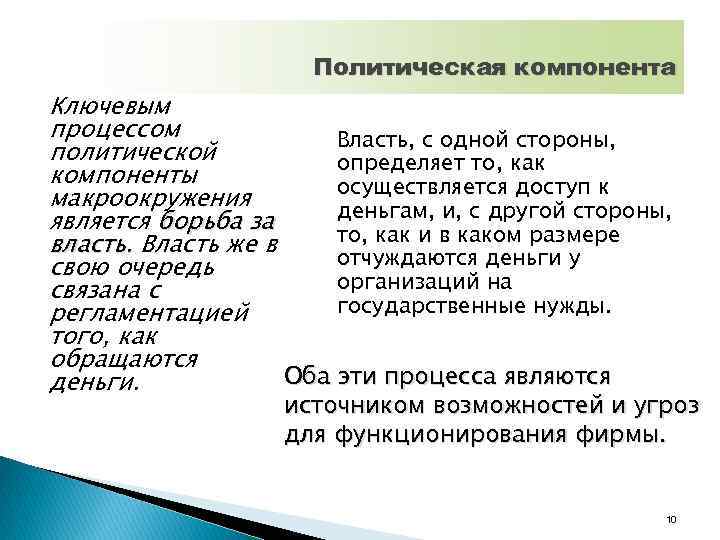 Политическая компонента Ключевым процессом Власть, с одной стороны, политической определяет то, как компоненты осуществляется