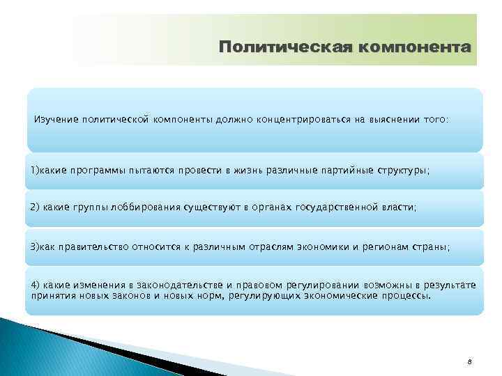 Политическая компонента Изучение политической компоненты должно концентрироваться на выяснении того: 1)какие программы пытаются провести