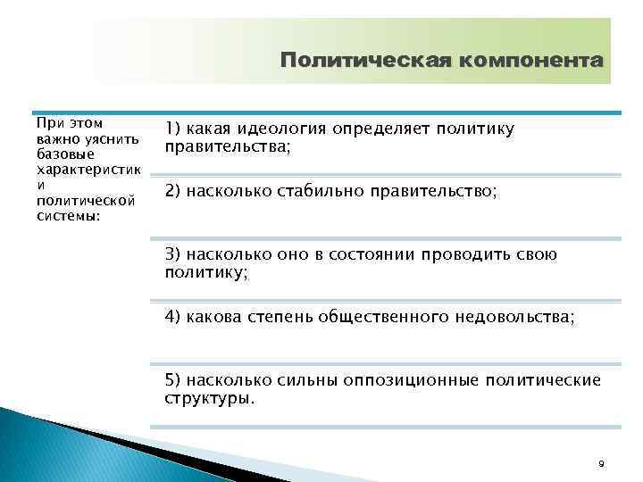 Политическая компонента При этом важно уяснить базовые характеристик и политической системы: 1) какая идеология