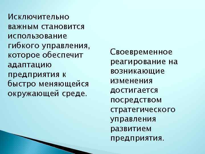 Исключительно важным становится использование гибкого управления, которое обеспечит адаптацию предприятия к быстро меняющейся окружающей