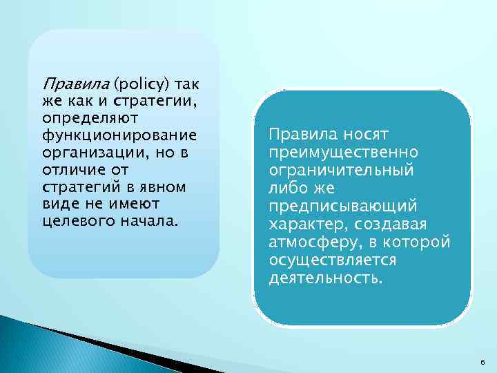 Правила (policy) так же как и стратегии, определяют функционирование организации, но в отличие от